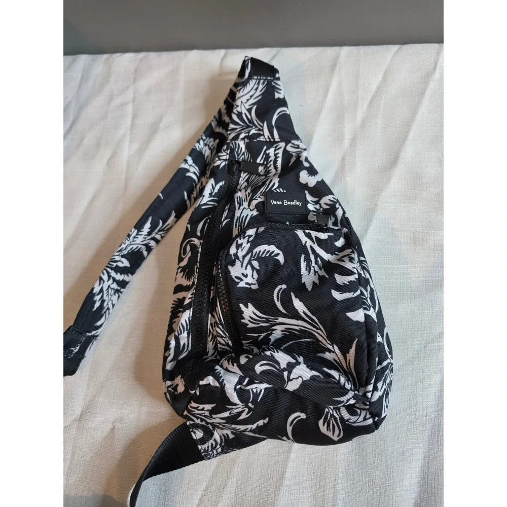Vera Bradley Reactive Sling Backpack Black White Floral Tropical Crossbody Bag